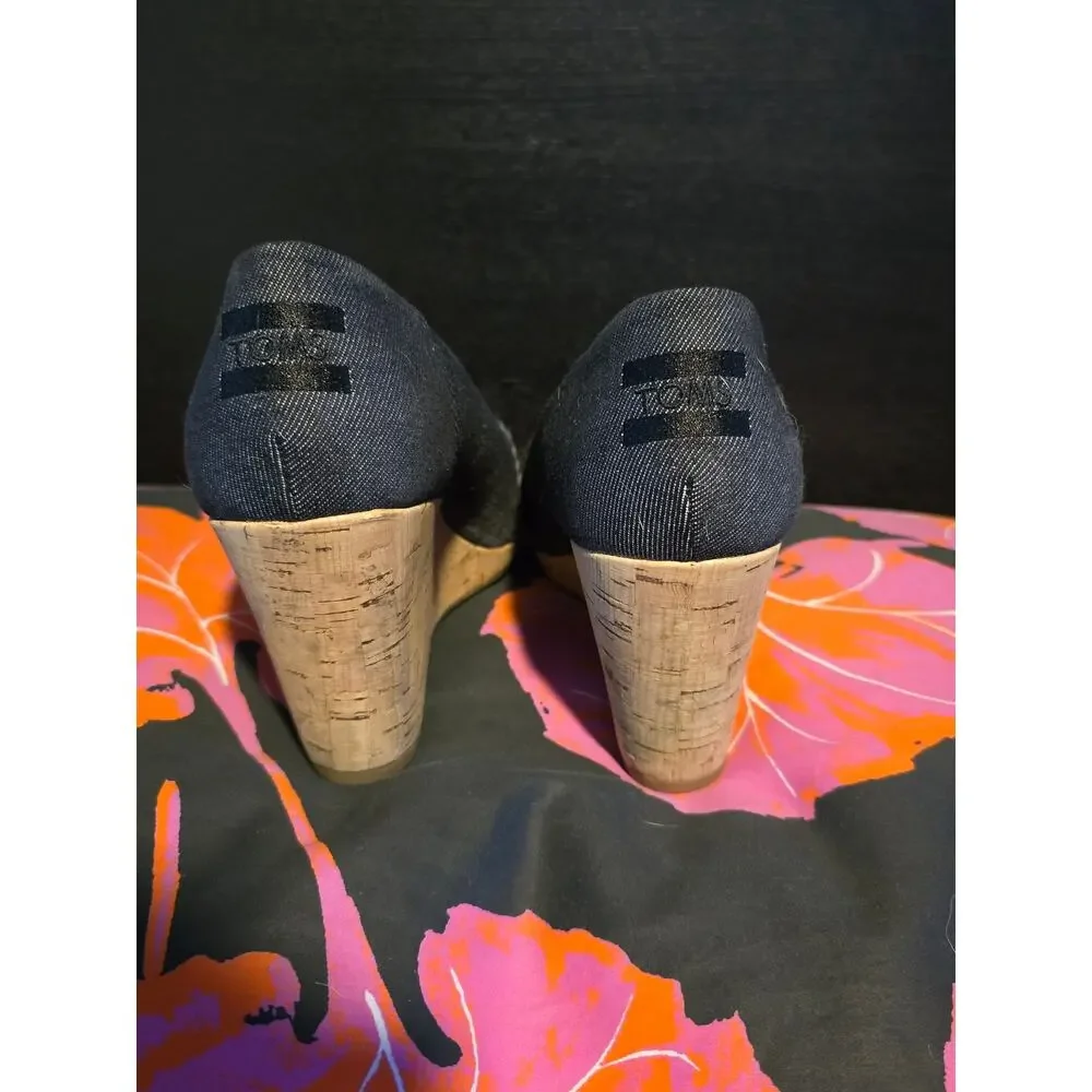 Toms Stella peep toe cork wedges black denim size 8.5‎